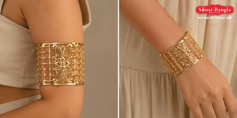 Side-by-side comparison showing a broad, geometric mesh-design gold cuff armlet styled on the upper arm and the wrist.