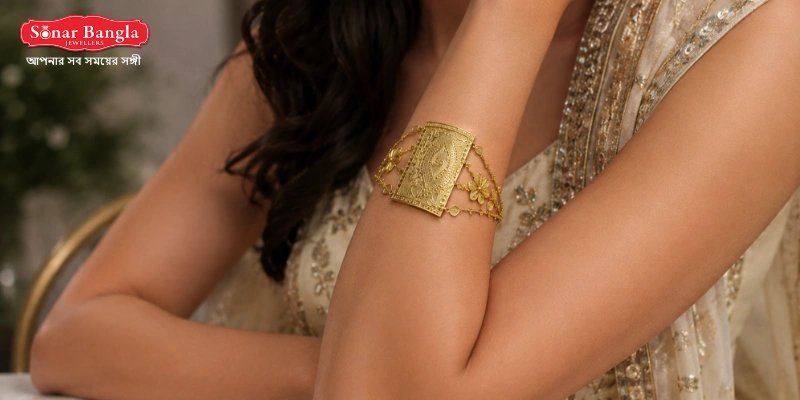 A collage of four looks demonstrating modern armlet styling ideas with a sleek gold bajuband worn across various ethnic and fusion outfits.
