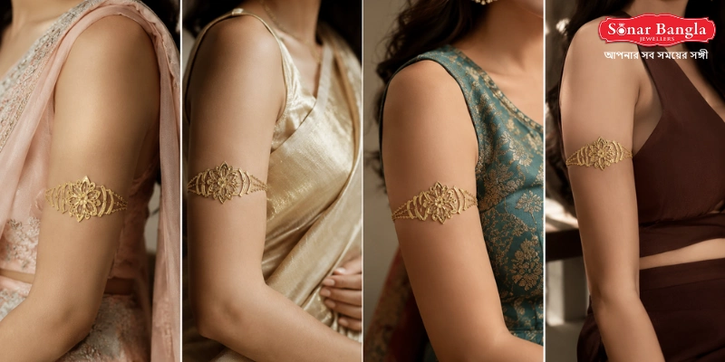 Side view of a woman wearing a delicate, leaf-patterned gold bajuband armlet paired with a pastel purple saree.