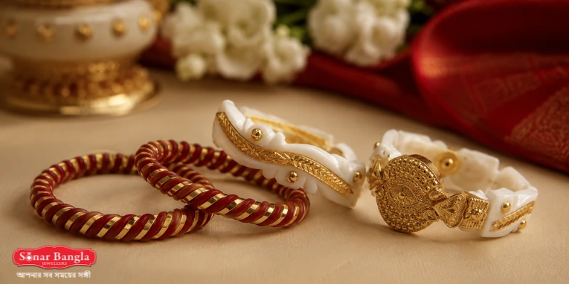 Intricately designed gold-bound traditional sankha pola bangles showcasing unique twisted patterns and heavy gold centerpieces.